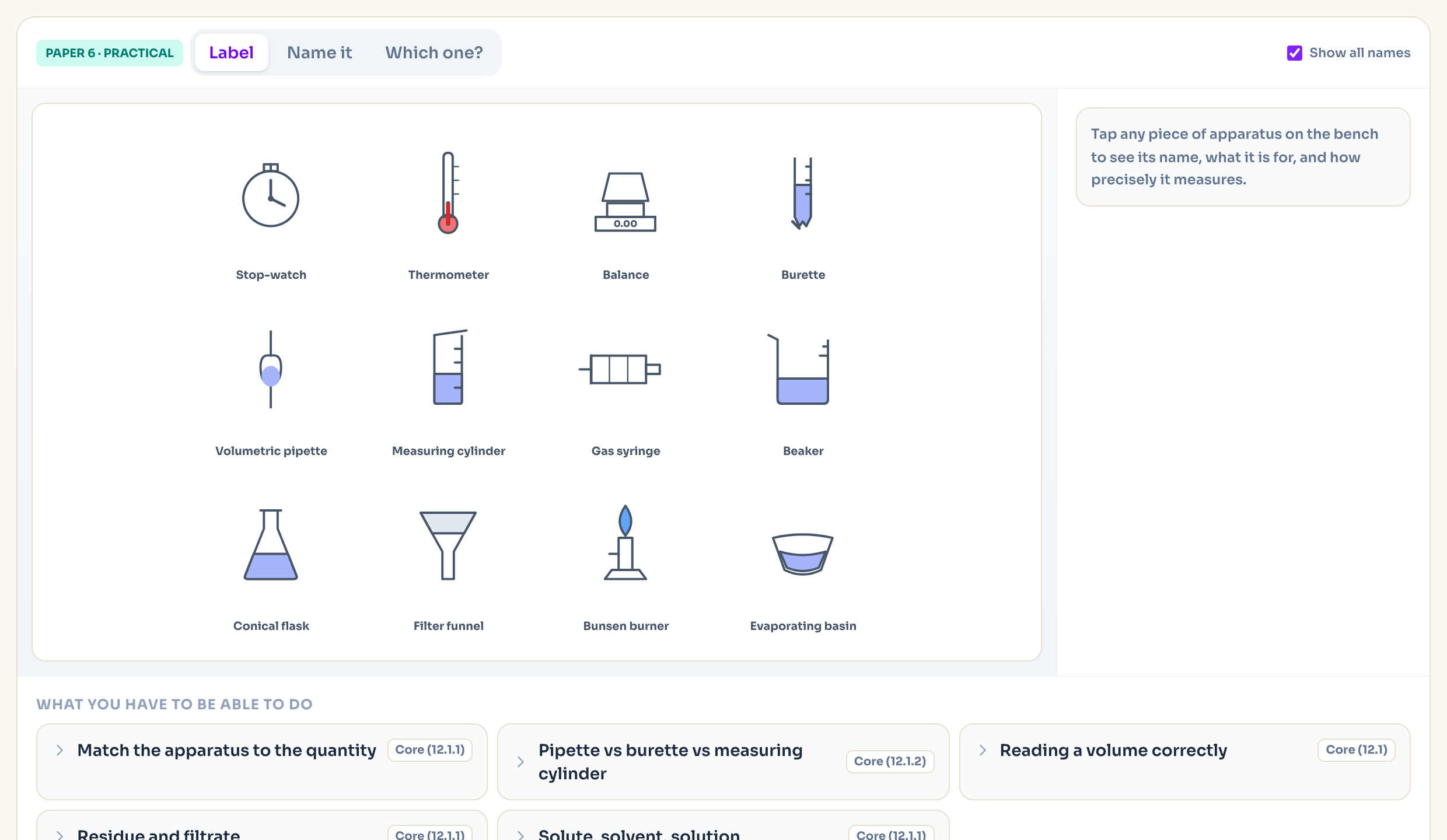 Interactive chemistry lab showing apparatus identification for IGCSE Chemistry Paper 6
