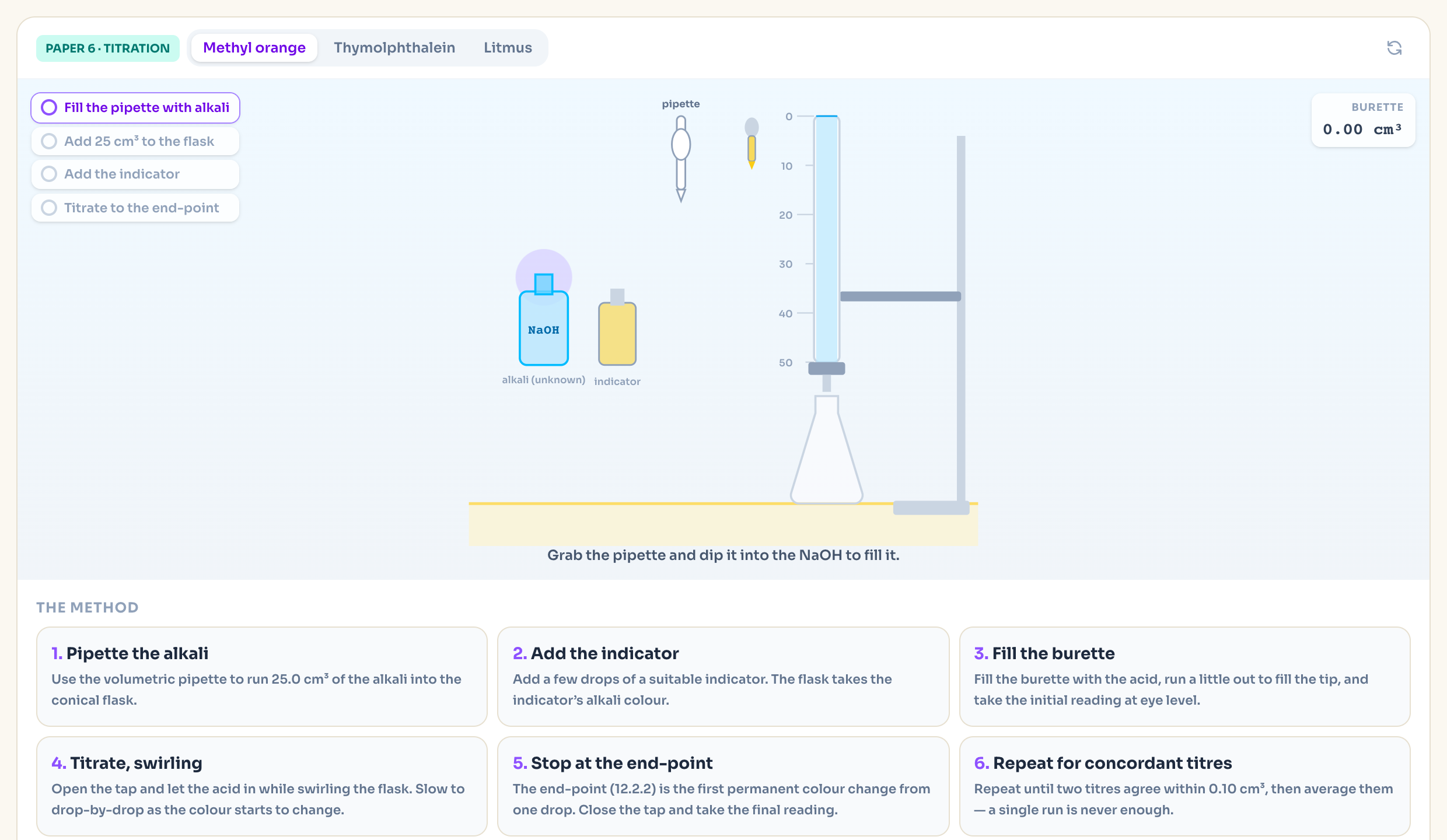 Interactive titration simulation with indicator choice for IGCSE Chemistry