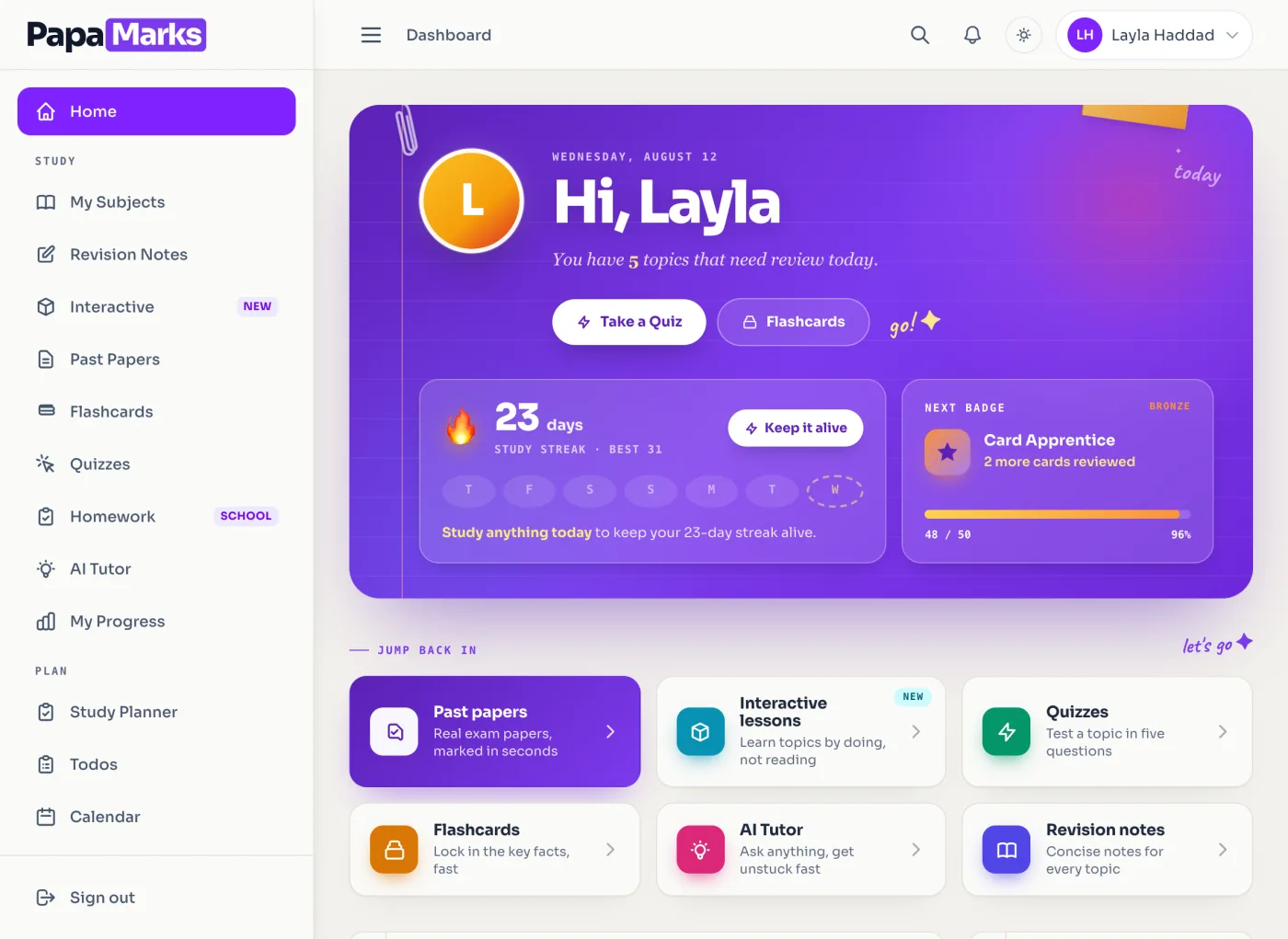 A PapaMarks dashboard showing a 23-day study streak, five topics due for review today, progress towards a badge, and shortcuts to past papers, interactive lessons, quizzes, flashcards, the AI tutor and revision notes.