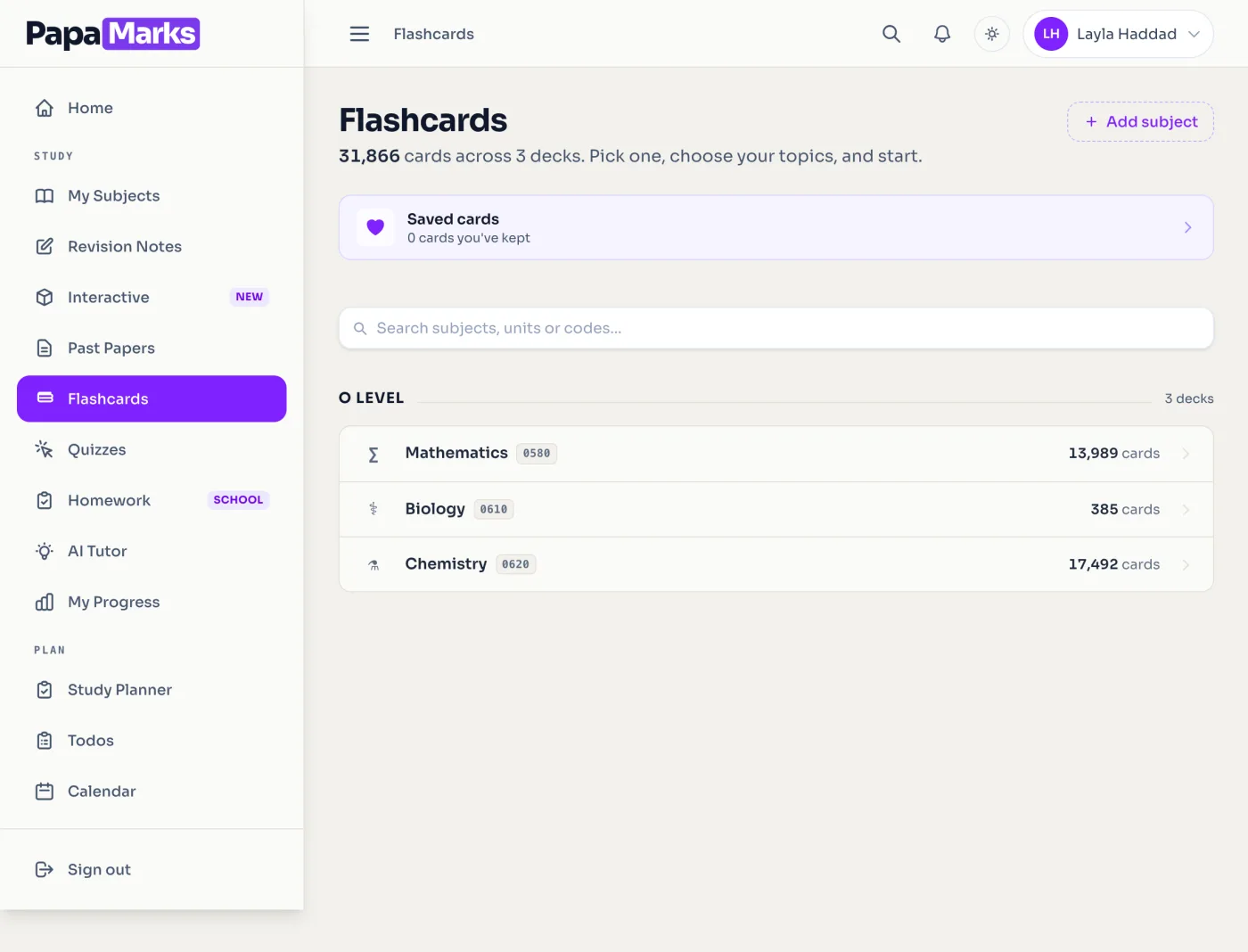 The flashcard library in a PapaMarks account showing 31,866 cards across three decks: Mathematics 0580, Biology 0610 and Chemistry 0620.