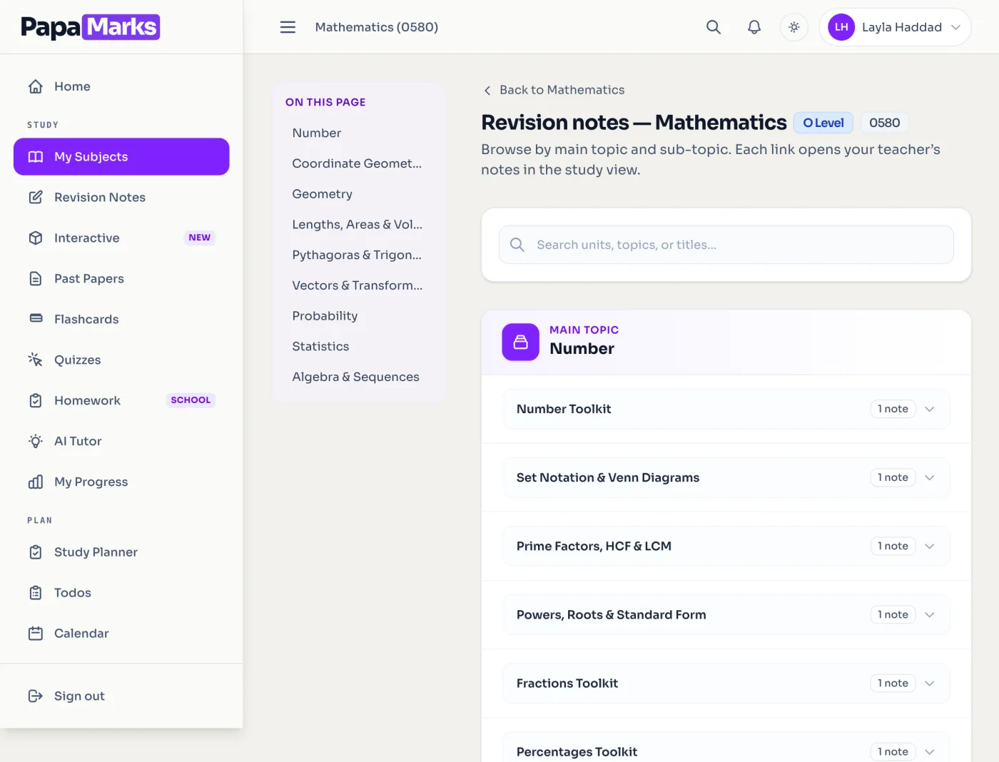 The revision-notes index for Mathematics 0580 on PapaMarks, grouped by syllabus strand: Number, Coordinate Geometry, Geometry, Pythagoras and Trigonometry, Vectors, Probability, Statistics and Algebra.