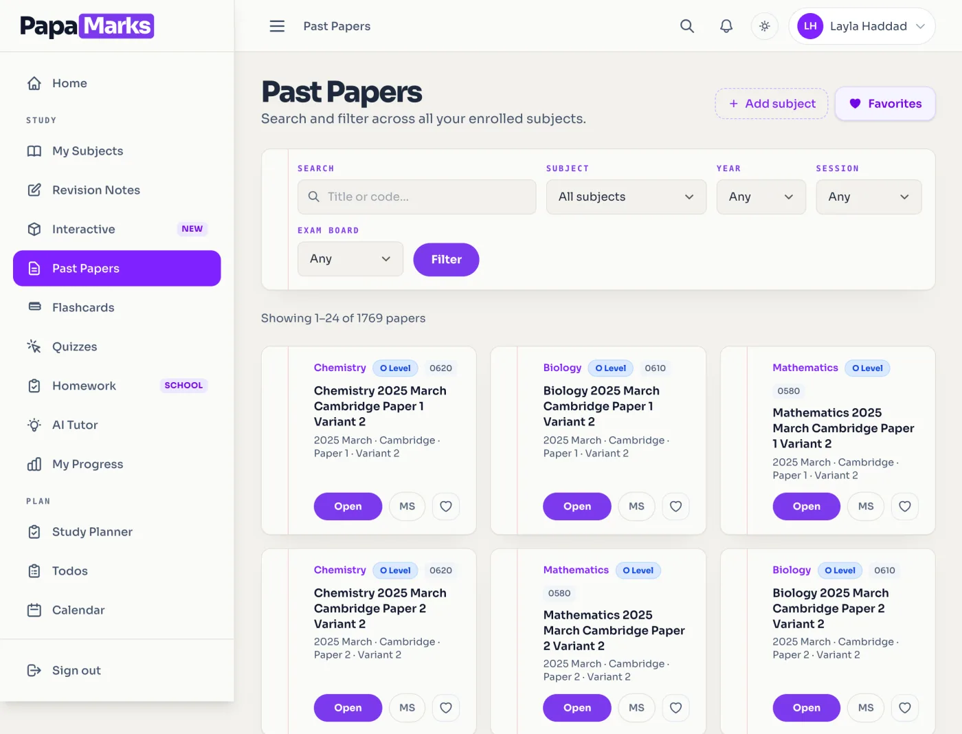 The PapaMarks past-paper library filtered by subject, year, session and exam board, showing March 2025 Cambridge papers for Chemistry, Biology and Mathematics with Open and mark-scheme buttons.